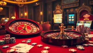 Découvrez l'excitation du casino en ligne argent réel avec une table de roulette luxueuse sur fond animé.