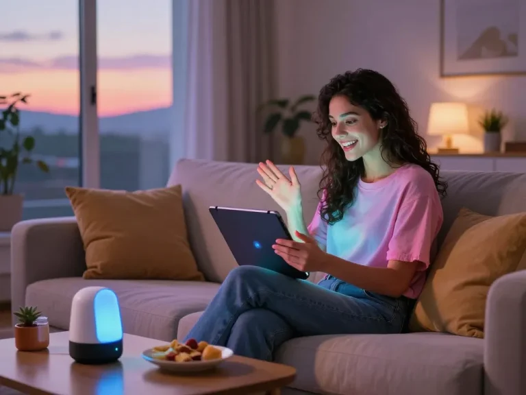 Young woman chatting with her AI girlfriend on a tablet in a cozy setting, showcasing modern companionship.
