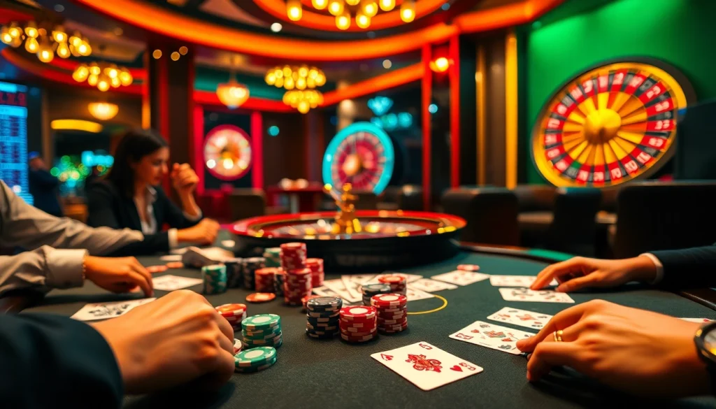 Experience thrilling poker action at the luxurious hay888 casino table with vibrant chips and cards.