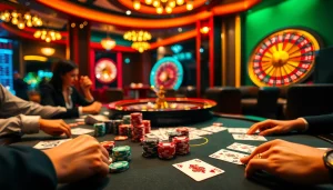 Experience thrilling poker action at the luxurious hay888 casino table with vibrant chips and cards.