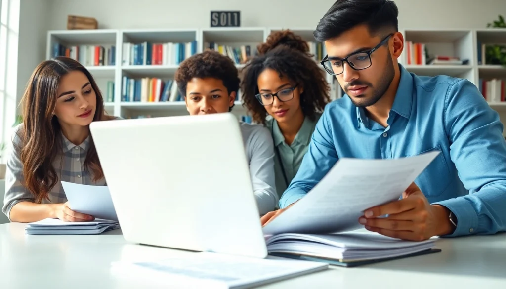 Students focused on remote exam assistance using laptops and study materials in a bright home office.