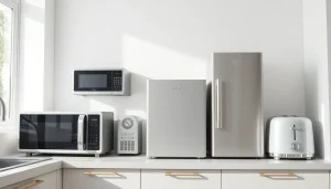 Explore affordable appliance options in a bright, modern kitchen setting showcasing various sleek devices.