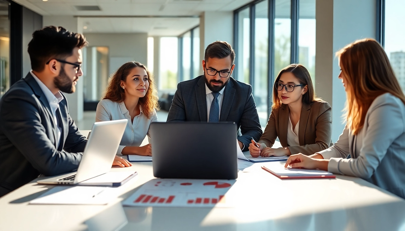 Engage in Bid-No-Bid Analysis with a diverse team evaluating project proposals in a modern office.