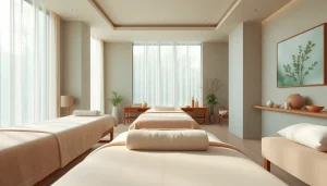 부드러운 조명과 차분한 장식이 있는 편안한 대구마사지 스파 환경.