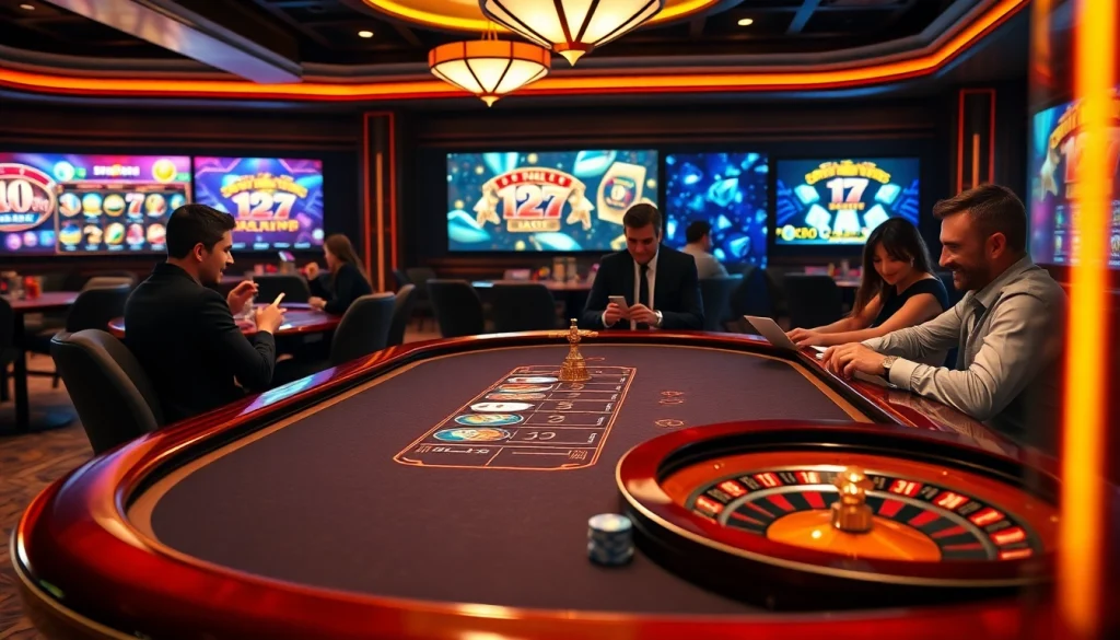 Joueurs passionnés à une table de poker représentant le meilleur casino en ligne France avec des éléments virtuels vibrants.