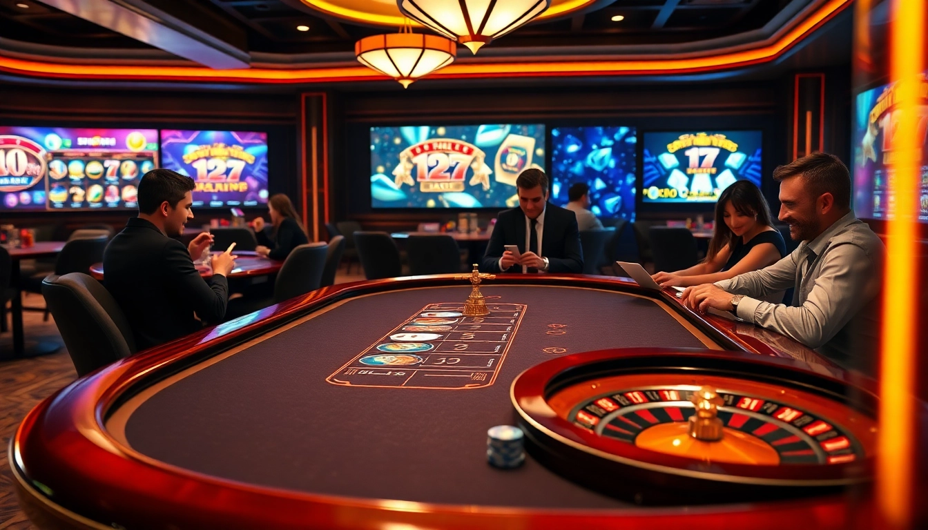 Joueurs passionnés à une table de poker représentant le meilleur casino en ligne France avec des éléments virtuels vibrants.