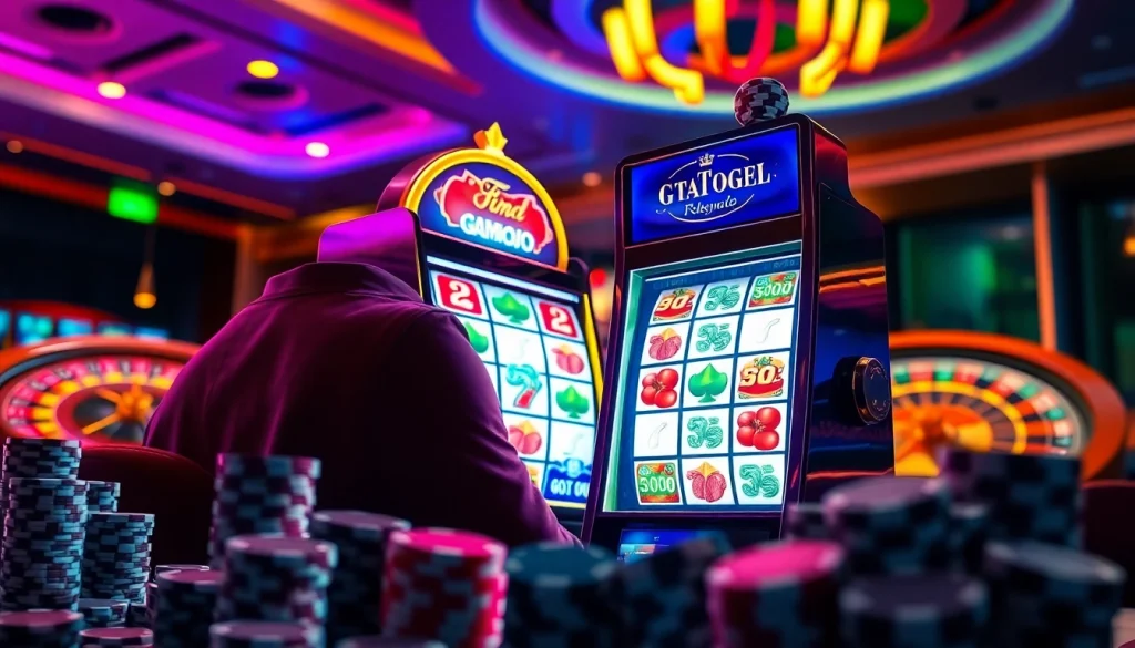 Experience thrilling gameplay with gtatogel at a modern casino featuring vibrant slot machines and roulette.