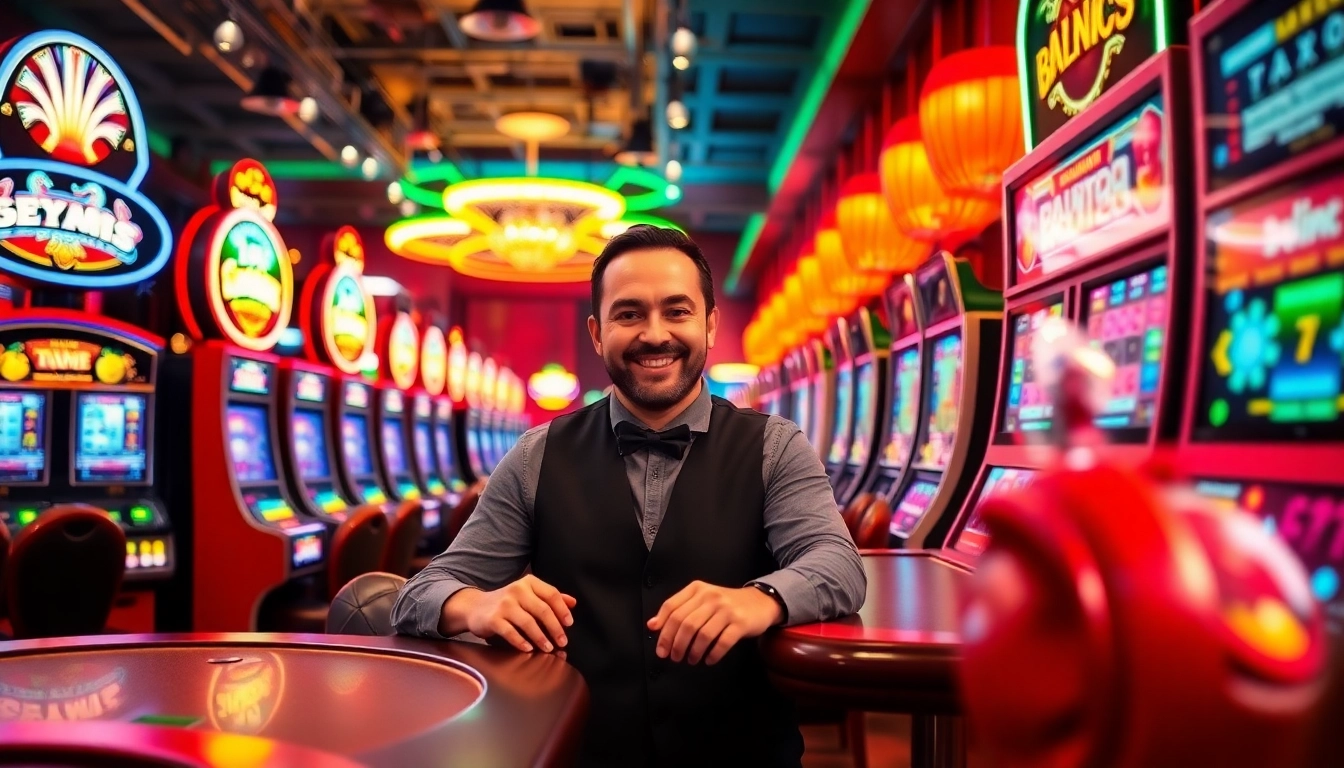 Engaging Vegas hero dealer captivating players in a vibrant casino setting.