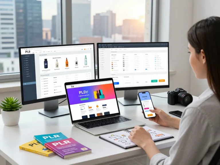 PLR Digital Products for Sale displayed on a modern e-commerce workspace with vibrant marketing elements.
