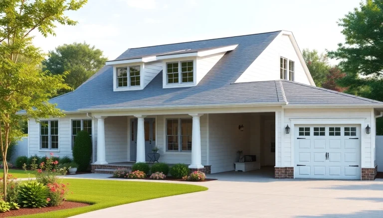 Beautiful cape cod home addition with an attached garage and a serene garden setting.