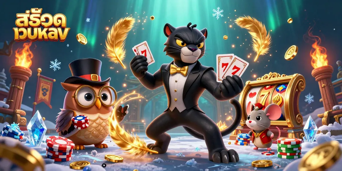 Spin the reels and win big with สล็อตเว็บตรง, featuring a stylish panther dealer, owl, and lucky mouse.
