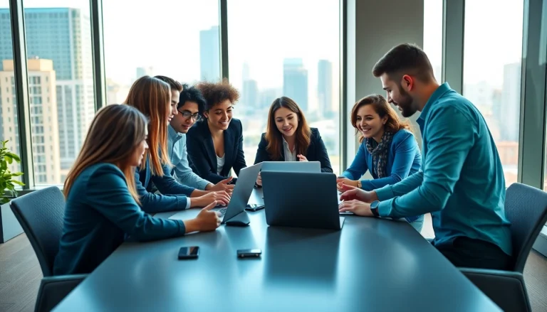 Engaged team collaborating with enterprise assistant saas tools in a bright, modern office.