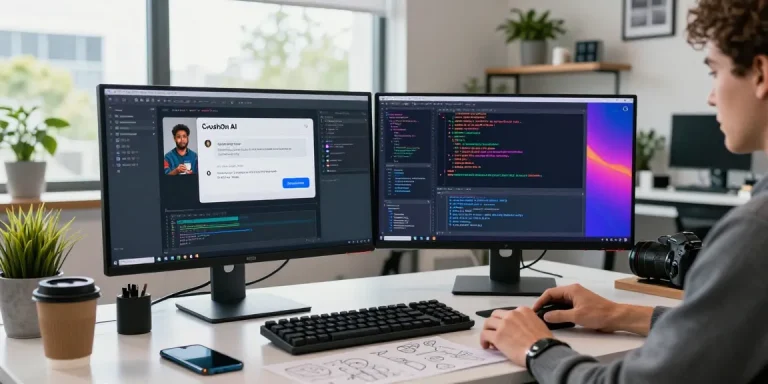 Developer using CrushOn AI on dual monitors in a vibrant, tech-savvy workspace.