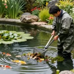 Pond Clean Kent professional cleaning debris from a serene garden pond surrounded by lush greenery and vibrant koi fish.