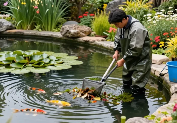 Pond Clean Kent professional cleaning debris from a serene garden pond surrounded by lush greenery and vibrant koi fish.