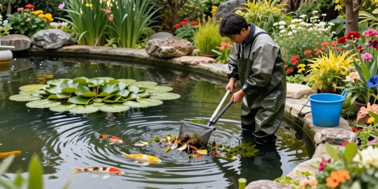 Pond Clean Kent professional cleaning debris from a serene garden pond surrounded by lush greenery and vibrant koi fish.