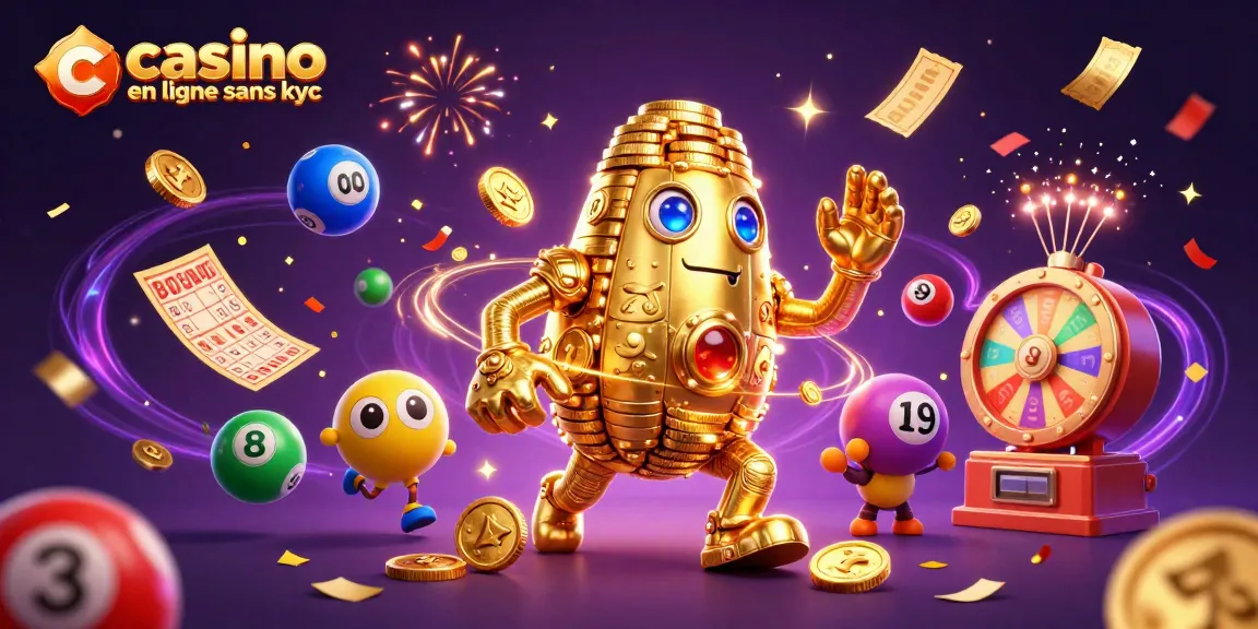 Jouez dans un casino en ligne sans KYC avec un golem doré et des jeux de loterie animés.