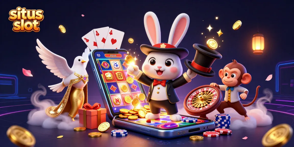 Experience the magic of situs slot with a cartoon magician rabbit pulling coins amidst a dazzling scene of casino elements.
