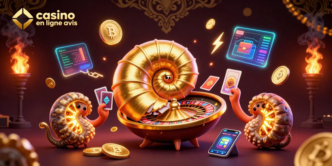 Illustration de casino en ligne avis avec un nautilus géant tenant des cartes, entouré de crypto-monnaies