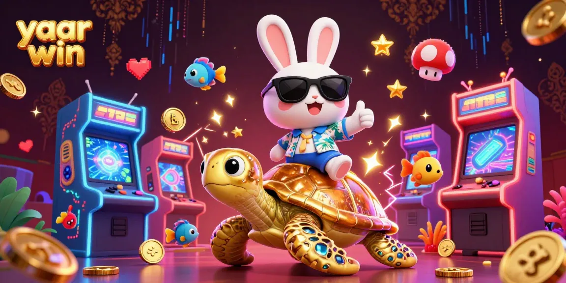 Experience yaar win with a lucky rabbit riding a golden sea turtle in a vibrant 3D casino scene.