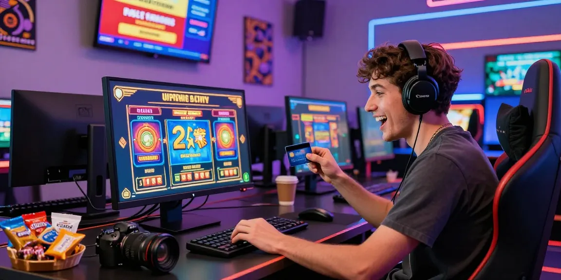 Player enjoying credit card casinos uk with vibrant slots game on screen, modern gaming setup.