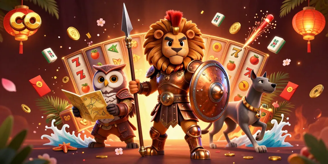 Experience thrilling gameplay with co, featuring a Spartan lion and slot elements in a vibrant casino scene.