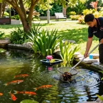 Pond Clean Kent service technician maintaining a serene garden pond, showcasing pond care expertise.