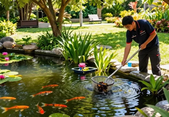 Pond Clean Kent service technician maintaining a serene garden pond, showcasing pond care expertise.
