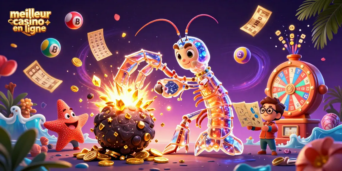Illustration 3D du meilleur casino en ligne où un samouraï crevette mante percute un astéroïde explosif, entouré de jeux de loterie.