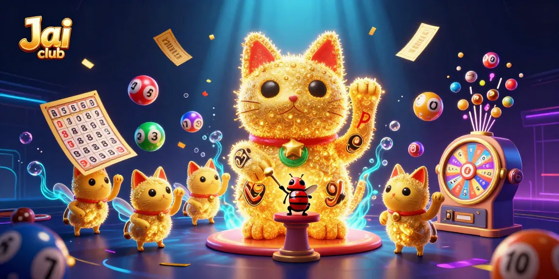 Engage in the fun with Jai club's vibrant lottery scene featuring a lucky cat.