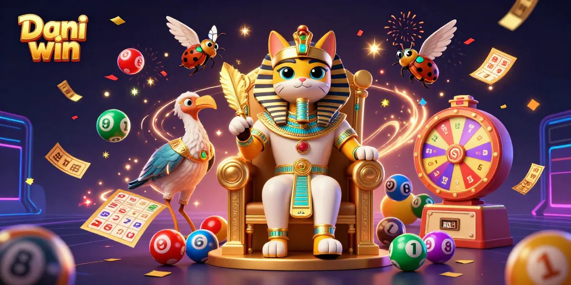 Dhani win lottery game scene with a pharaoh cat and colorful balls creating excitement