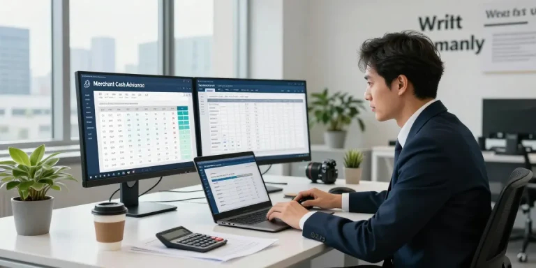 Using a merchant cash advance calculator in a modern office setup.