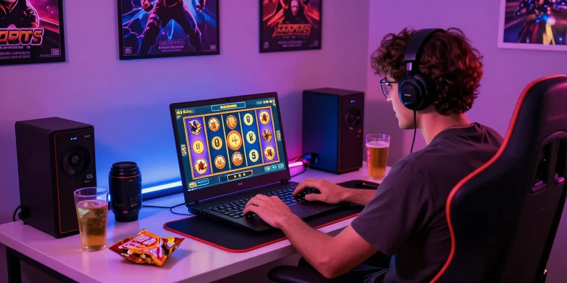 Excited player engaging with demo zeus slot on laptop in vibrant gaming setup.