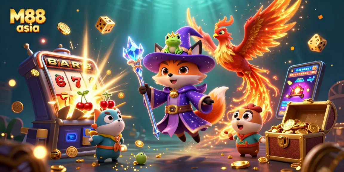 M88 asia showcases a magical scene with a wizard fox, phoenix, and vibrant casino elements for thrilling bets.