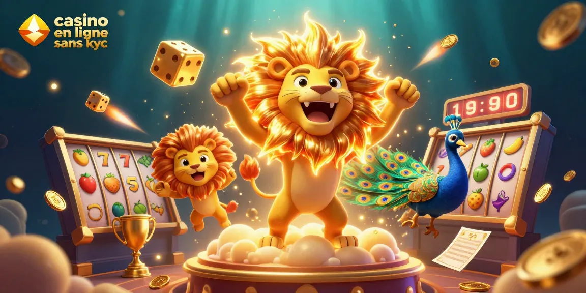 Jouez au casino en ligne sans KYC avec une illustration 3D dynamique mettant en avant des éléments de jeux et de gains.