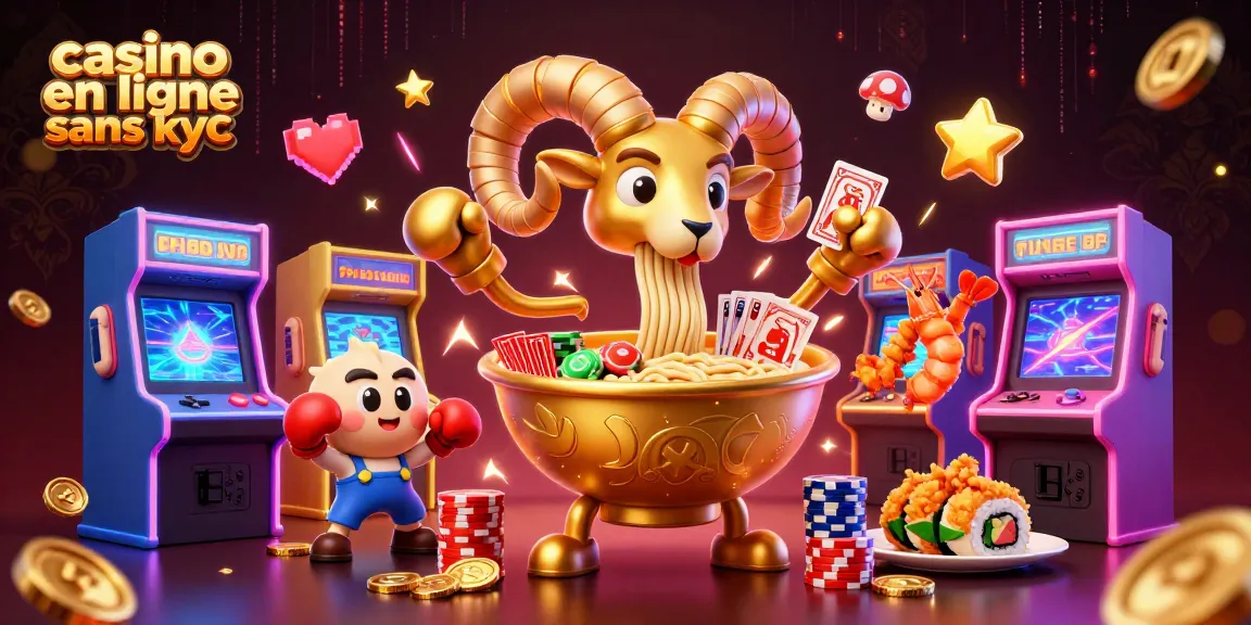 Illustration dynamique de casino en ligne sans KYC avec ramen géant et personnages amusants.