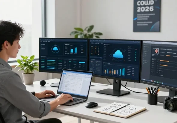 Efficient cloud VPS workspace illustrating rokok88 technology solutions for business.