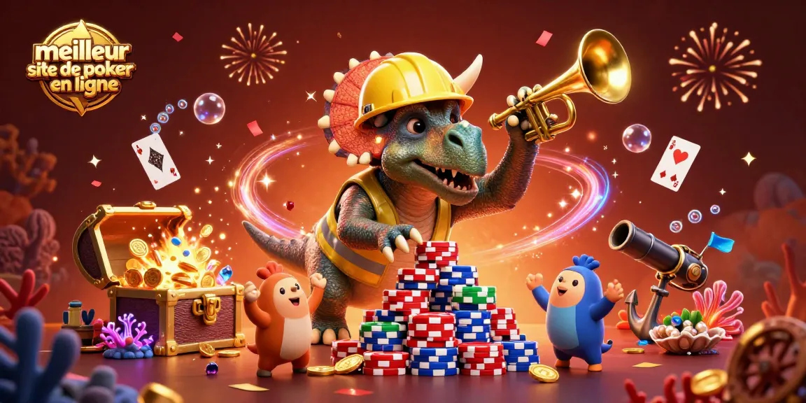 Jouez sur le meilleur site de poker en ligne avec une animation ludique représentant un triceratops et des éléments de poker.