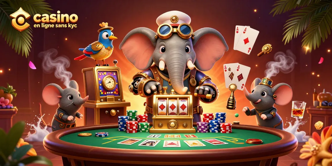 Jouez anonymement dans un casino en ligne sans KYC avec un éléphant ingénieur et des éléments de poker.