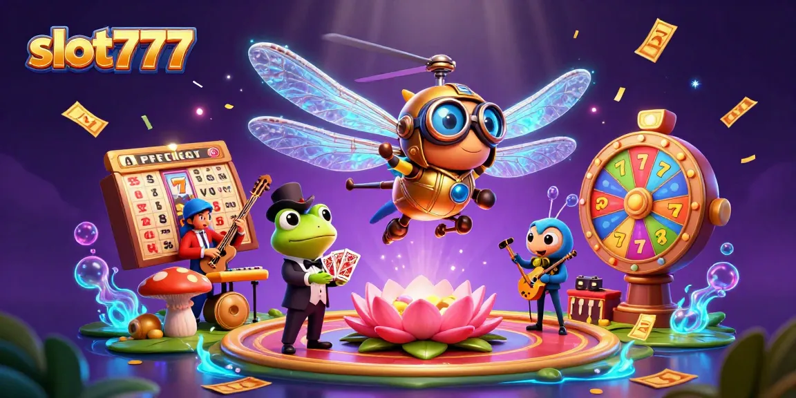 Engage with slot777’s thrilling features as a dragonfly pilot hovers over a lively lily pad casino