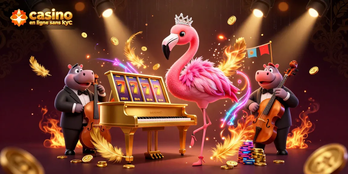 Découvrez le monde du casino en ligne sans KYC avec une illustration dynamique de personnages animés, des jetons d'or, et des effets scintillants.