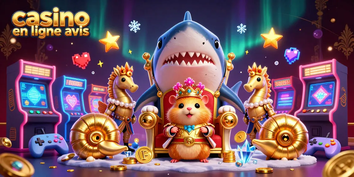 Plongée dans l'univers d'un casino en ligne avis avec un roi hamster et des gardes hippocampes entourés de machines de jeux colorées.
