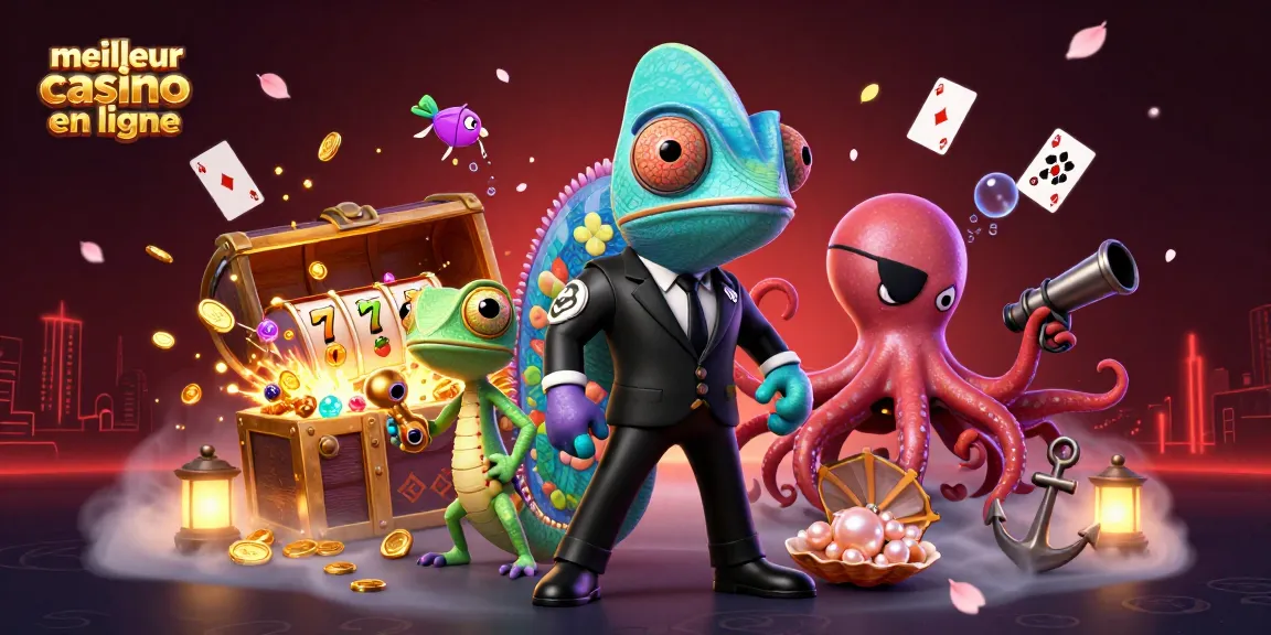 Illustration 3D représentant le meilleur casino en ligne avec des personnages de jeux d'argent, des éléments de casino et des effets visuels riches.