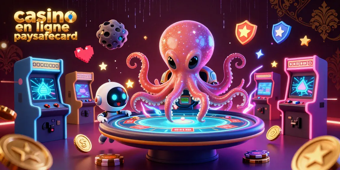 Jouez à casino en ligne paysafecard avec un poulpe extraterrestre et un robot dans un univers coloré.