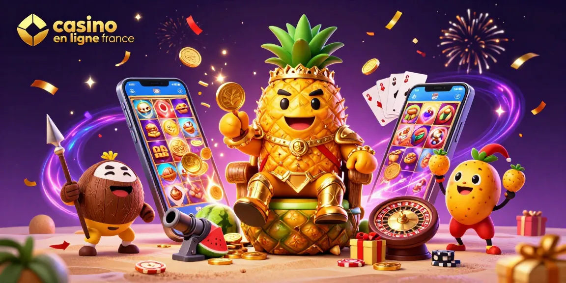 Casino en ligne France avec le roi ananas et ses gardes sur une plage festive.