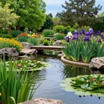 A gardener nurturing British pond plants like water lilies and irises in a tranquil garden pond setting.