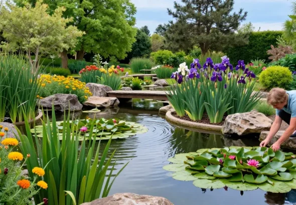 A gardener nurturing British pond plants like water lilies and irises in a tranquil garden pond setting.