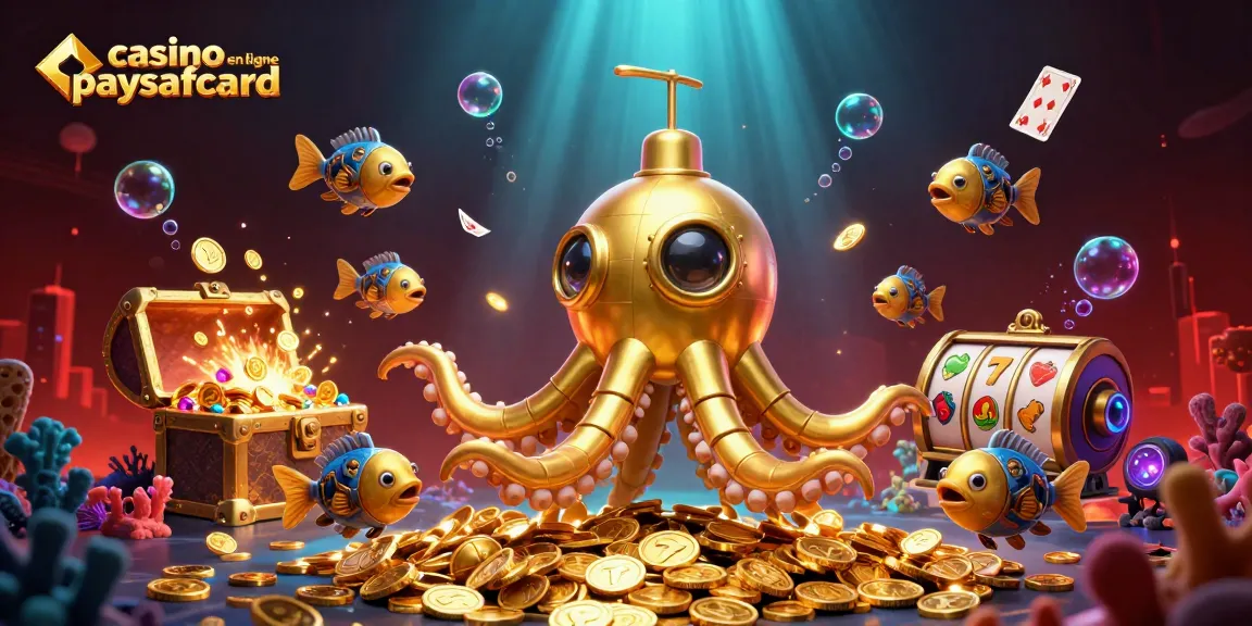 Jouez dans un casino en ligne paysafecard, avec le kraken émergeant des pièces dorées et des machines à sous.