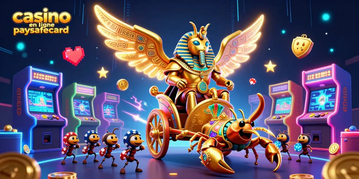 Jouez sur le casino en ligne paysafecard avec un scarabée doré et des machines à sous colorées.