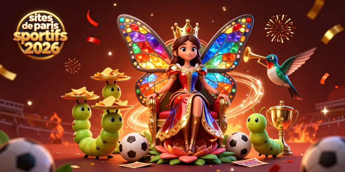 Découvrez les meilleurs sites de paris sportifs 2026 avec des éléments festifs de jeux et sports entourant la reine papillon.